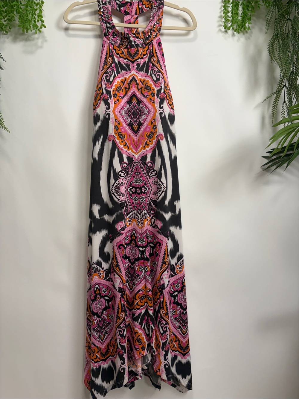 INC International Concepts Pink, Black & Orange Printed Halter Maxi Dress